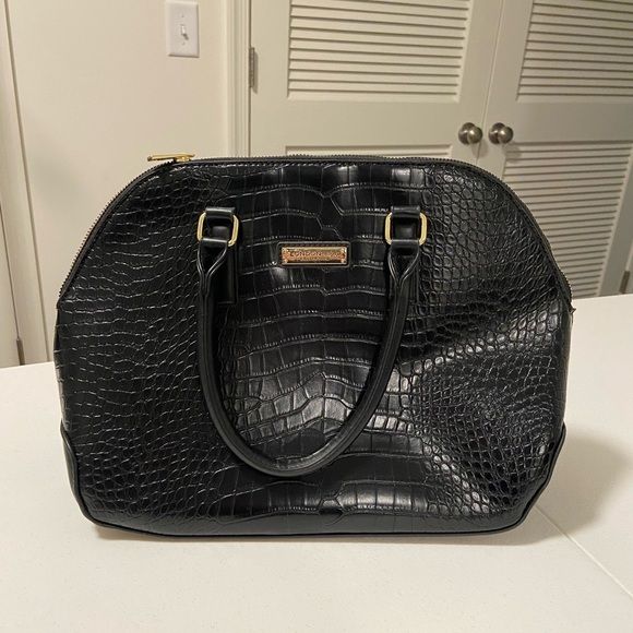 NWOT | London Fog women’s solid black glossy‎ scale textured handbag purse bag - Picture 1 of 7